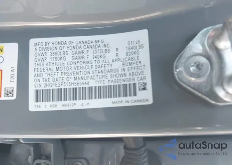 2025 Honda Civic Sport z USA, uszkodzony, nr VIN 2HGFE2F51SH565948